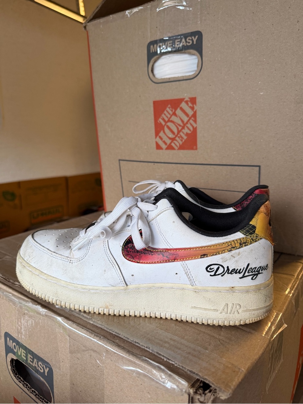 Nike Men's White Sneakers with Red-Orange Gradient Swoosh - Drew League
